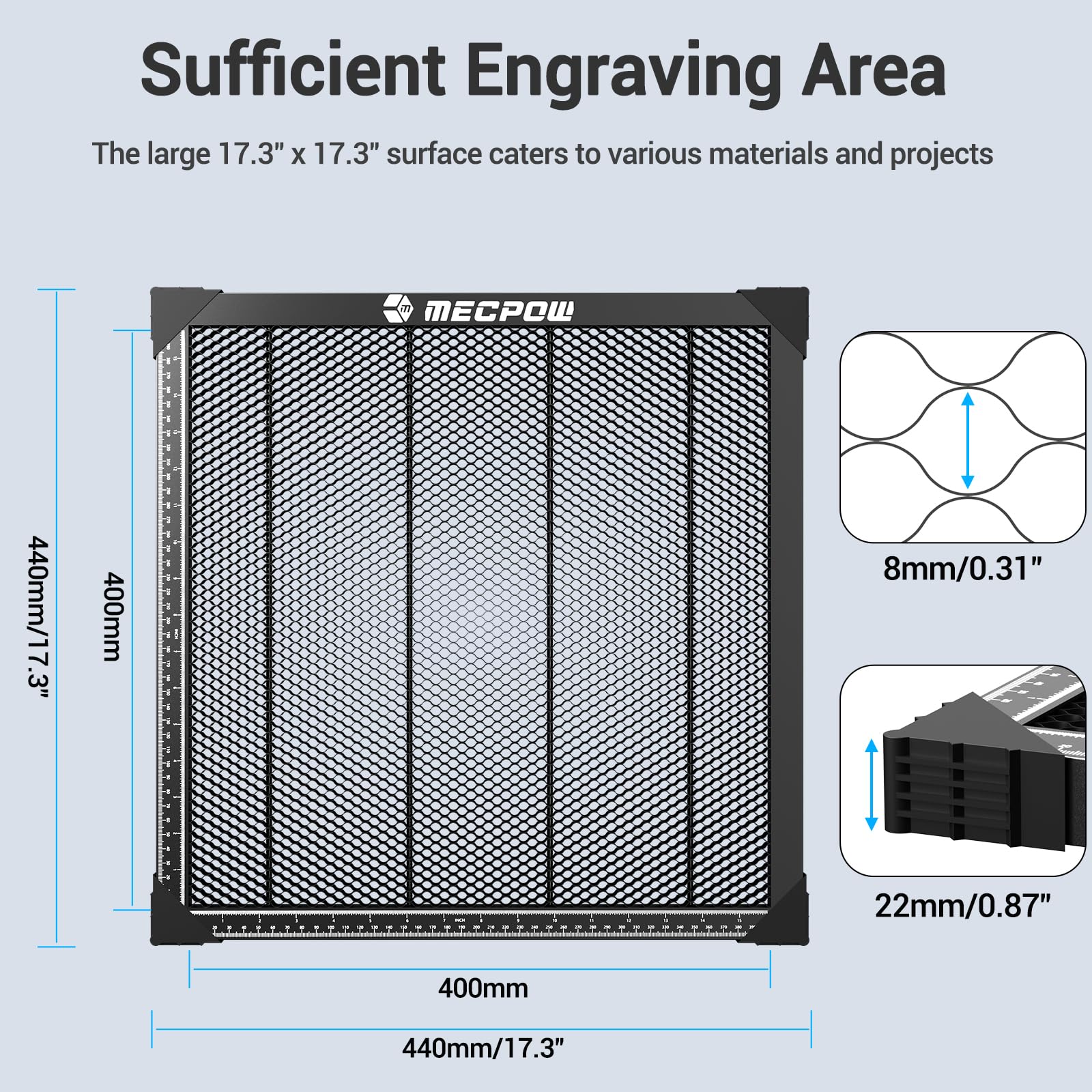 Mecpow Honeycomb Laser Bed, 650x650mm Honeycomb Working Table for Most Laser Engraver, Durable Steel Honeycomb Panel for Fast Heat Dissipation, Desktop-Protecting, 25.6'' x 25.6'' x 0.87''