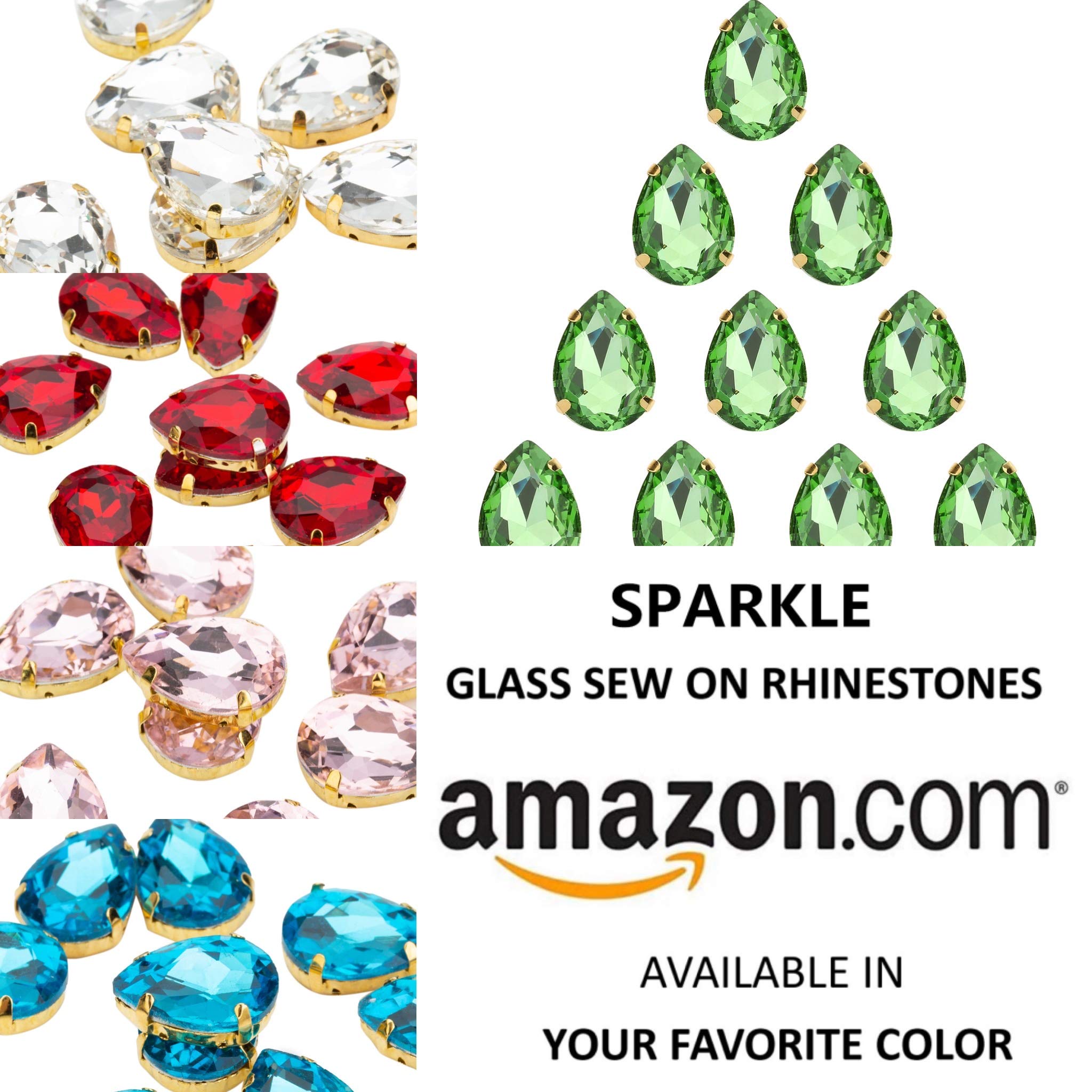 Choupee Sew On Rhinestone Tear Drop Crystal Rhinestones in Gold Setting 48 Pcs (Green, 13 X 18 MM)