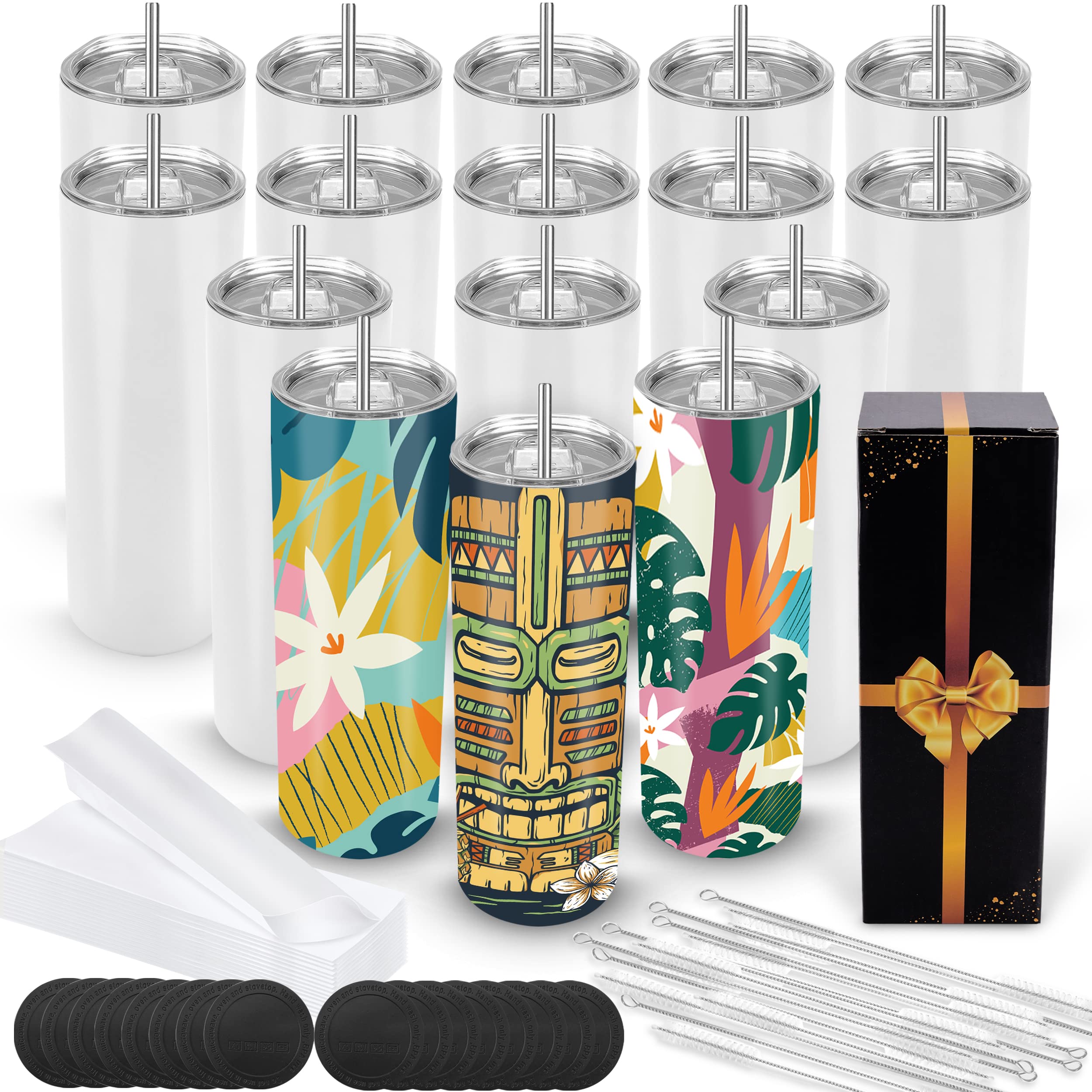 Joyclub 16 Pack Sublimation Tumblers Blank 20 oz Straight Skinny bulk for Heat transfer, Double Wall Insulated Tumbler with Individually Gift Boxed and Shrink Wrap Films