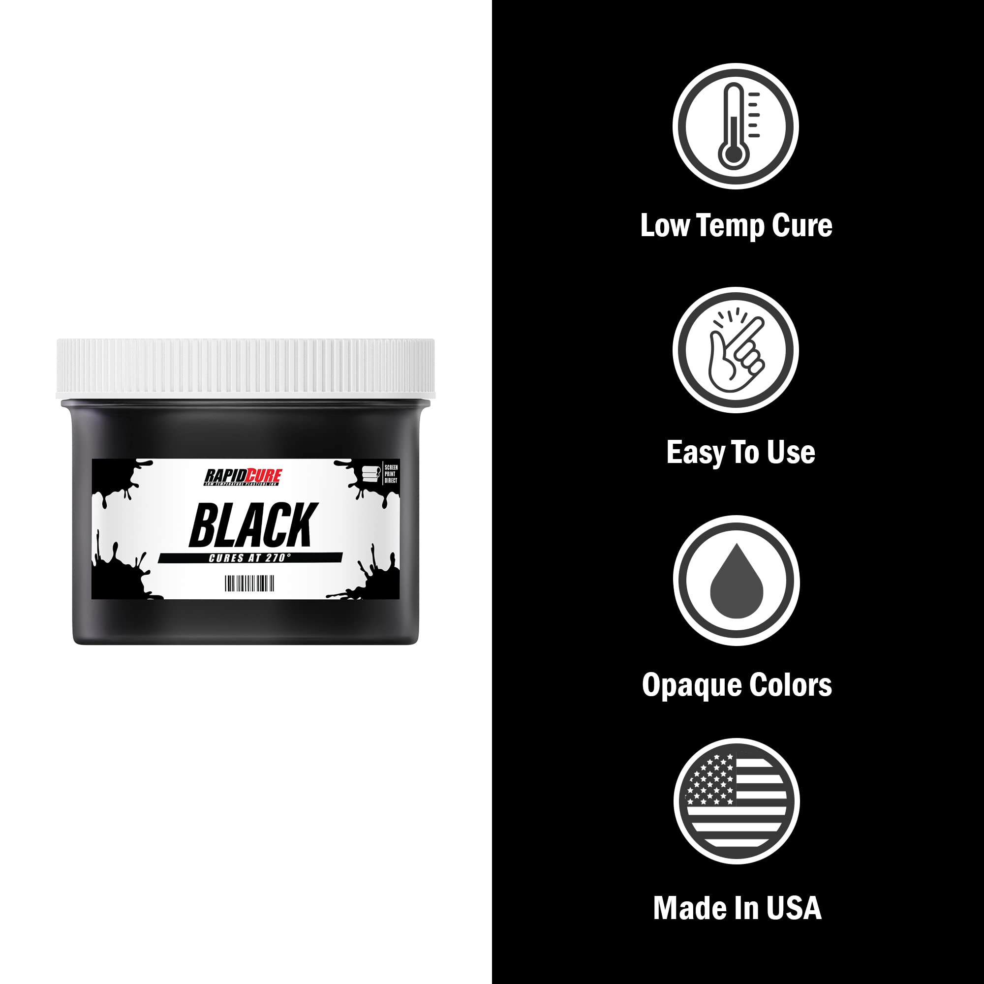 Rapid Cure® Screen Printing Ink Black (8 oz.) - Plastisol Ink for Screen Printing Fabric - Low Temperature Curing Plastisol by Screen Print Direct® - Black Plastisol Ink for Silk Screen