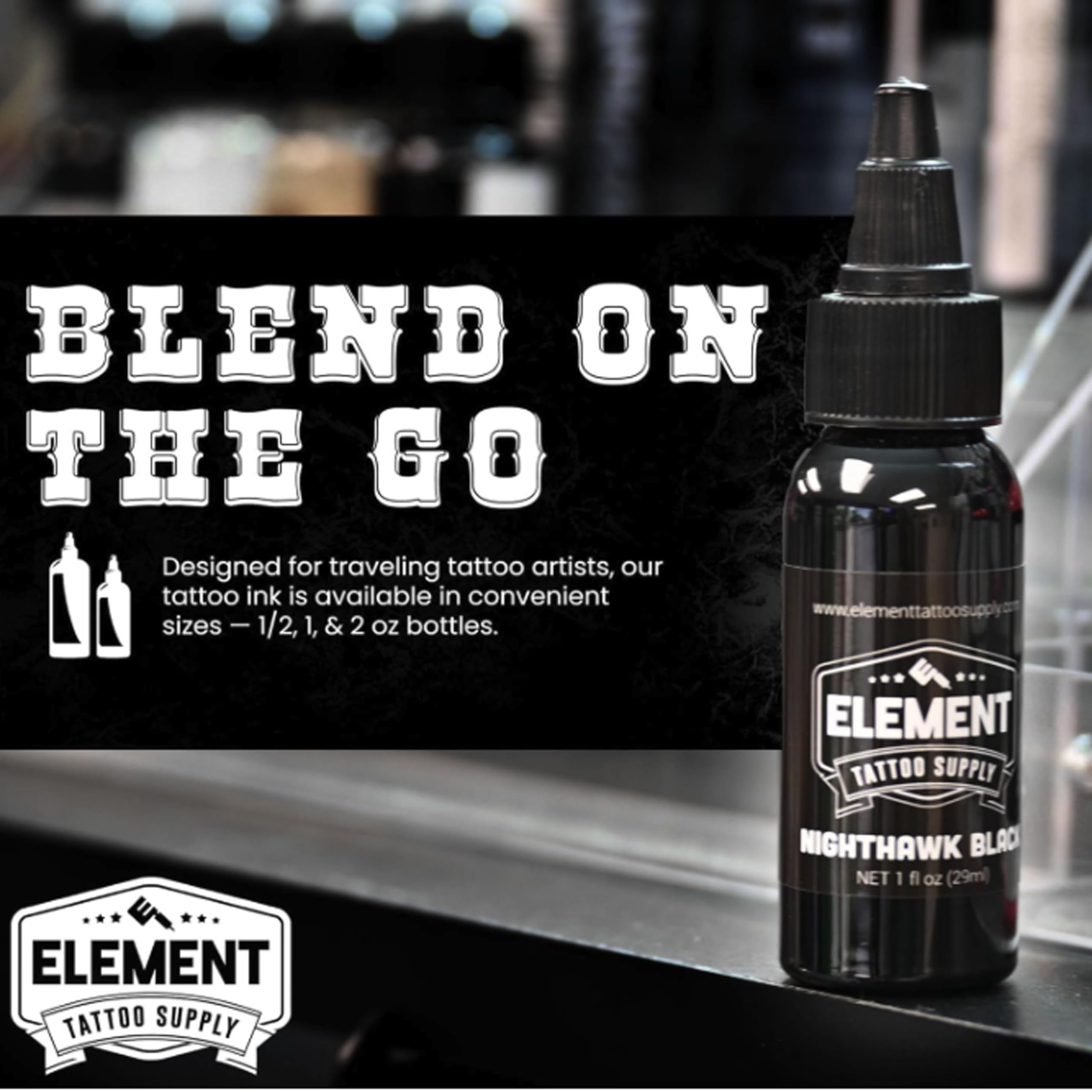 ELEMENT TATTOO SUPPLY - Premium Black Tattoo Ink - Professional Tattoo Ink & Supplies for Outlining, Shading, & Blending - Tribal Tattoo Ink - Permanent Nighthawk Black Ink Tattoo - 1/2 oz Bottle