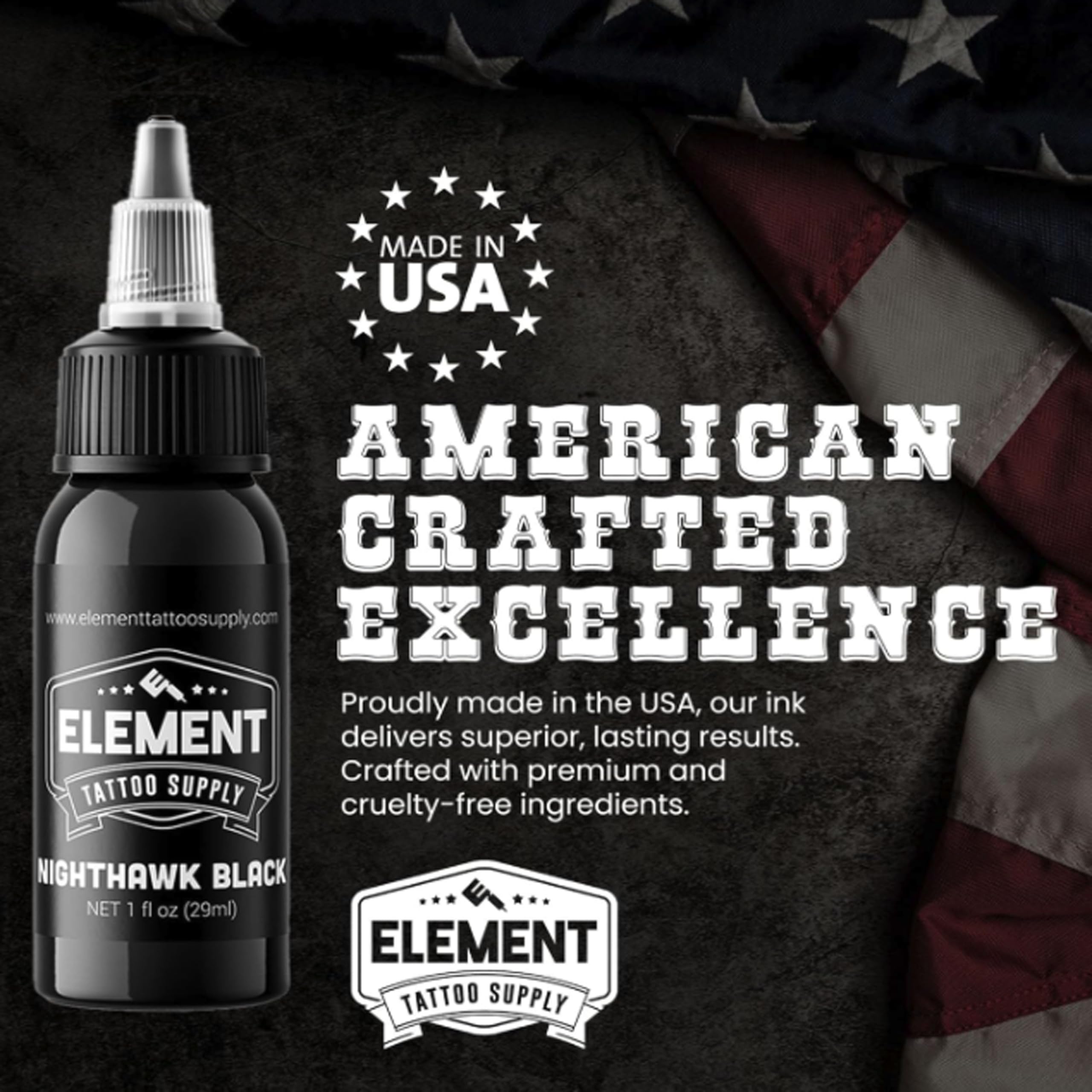 ELEMENT TATTOO SUPPLY - Premium Black Tattoo Ink - Professional Tattoo Ink & Supplies for Outlining, Shading, & Blending - Tribal Tattoo Ink - Permanent Nighthawk Black Ink Tattoo - 1/2 oz Bottle