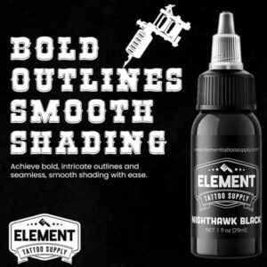 ELEMENT TATTOO SUPPLY - Premium Black Tattoo Ink - Professional Tattoo Ink & Supplies for Outlining, Shading, & Blending - Tribal Tattoo Ink - Permanent Nighthawk Black Ink Tattoo - 1/2 oz Bottle