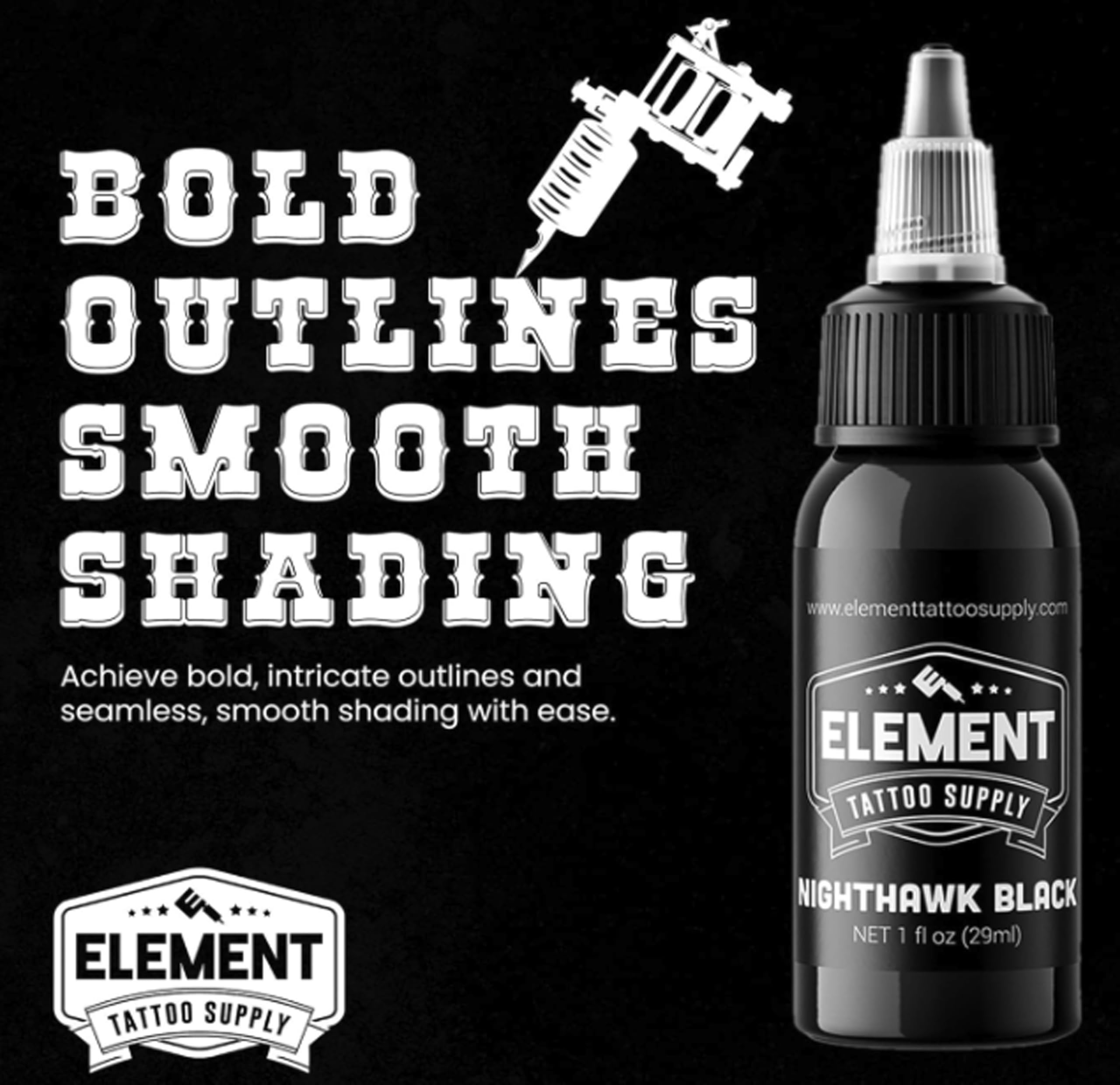 ELEMENT TATTOO SUPPLY - Premium Black Tattoo Ink - Professional Tattoo Ink & Supplies for Outlining, Shading, & Blending - Tribal Tattoo Ink - Permanent Nighthawk Black Ink Tattoo - 1/2 oz Bottle