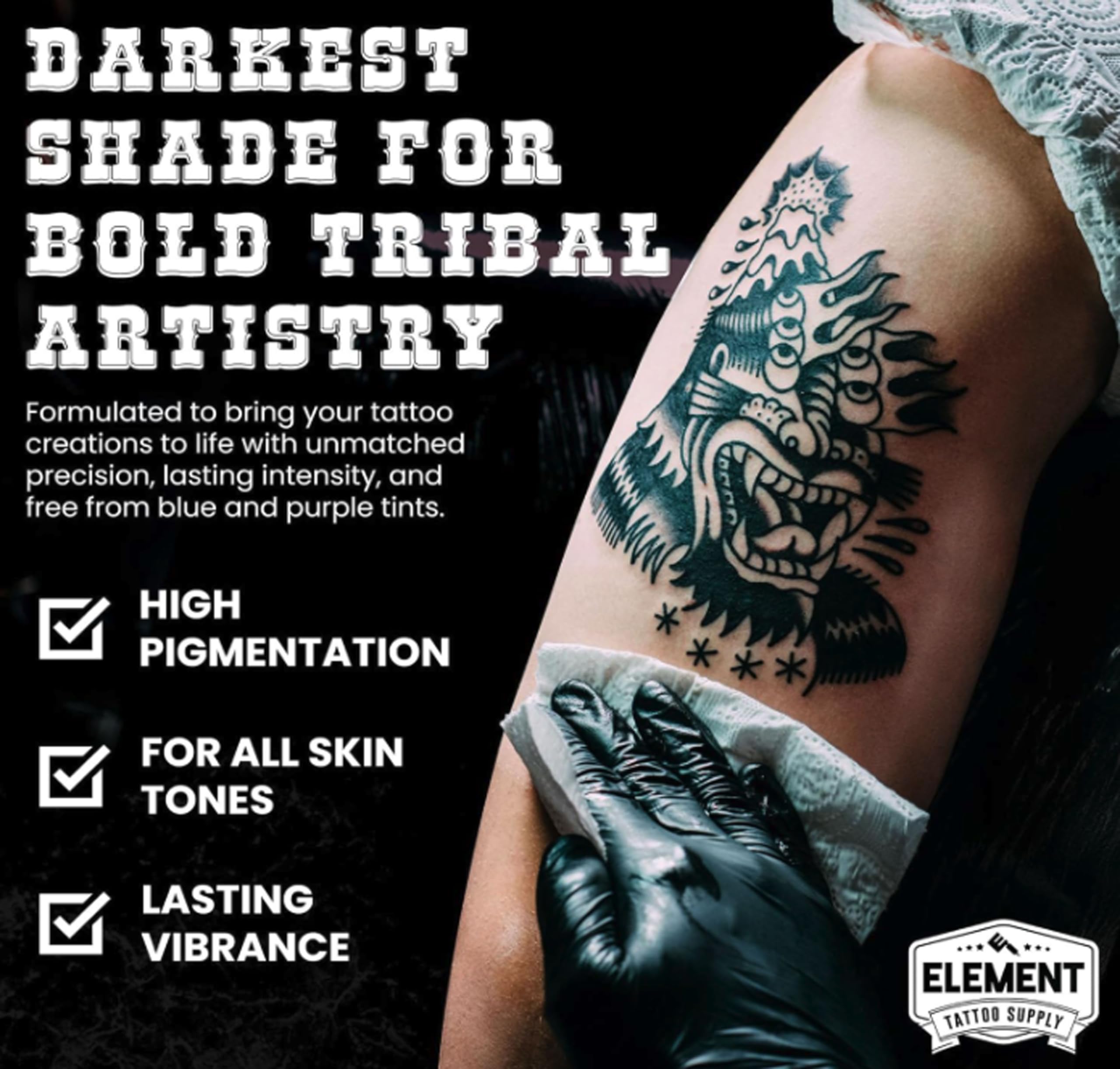 ELEMENT TATTOO SUPPLY - Premium Black Tattoo Ink - Professional Tattoo Ink & Supplies for Outlining, Shading, & Blending - Tribal Tattoo Ink - Permanent Nighthawk Black Ink Tattoo - 1/2 oz Bottle