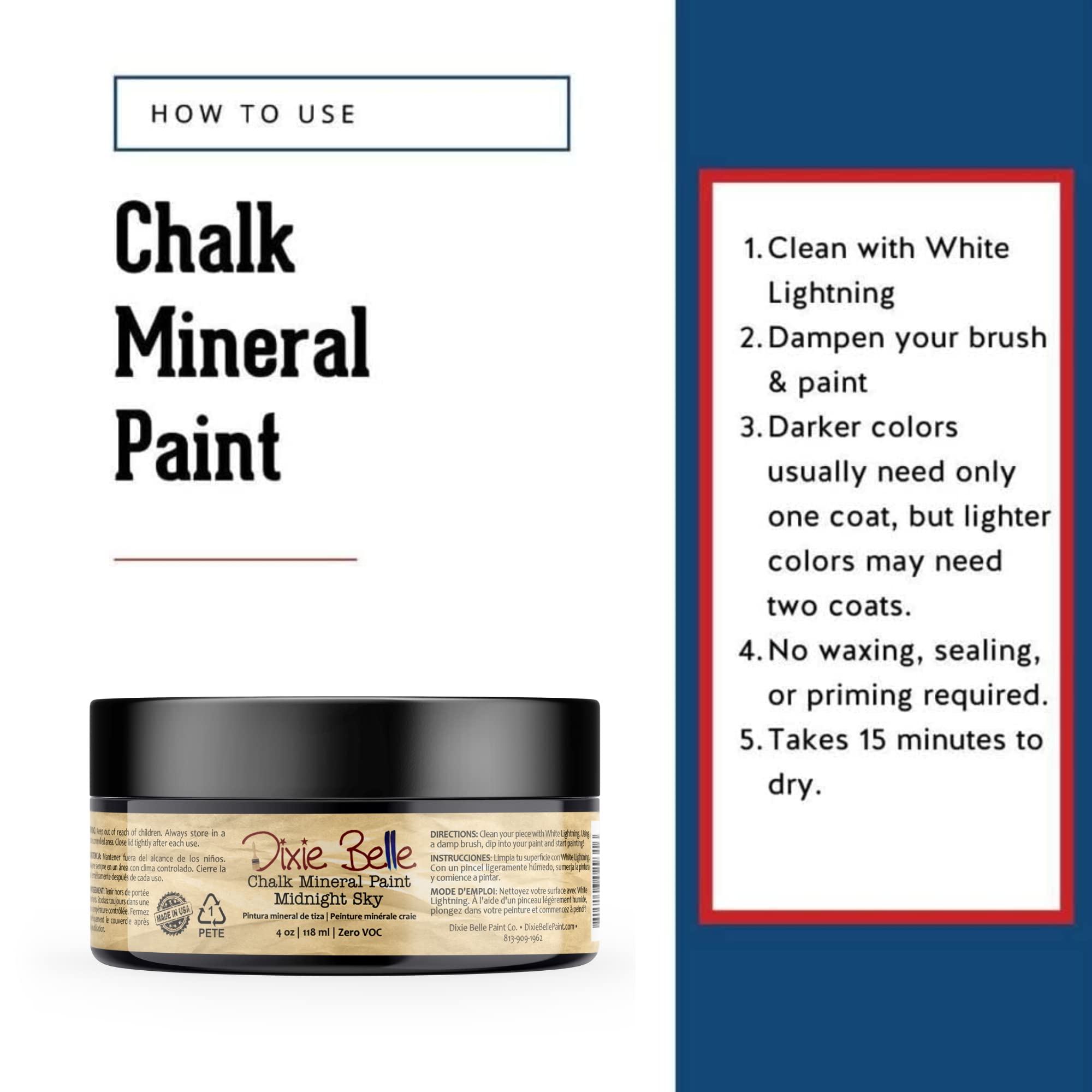 Dixie Belle Paint Company Chalk Finish Furniture Paint | Midnight Sky (4oz) | Matte Blue Black Chic Chalk Mineral Paint | DIY Furniture Paint | Made in the USA