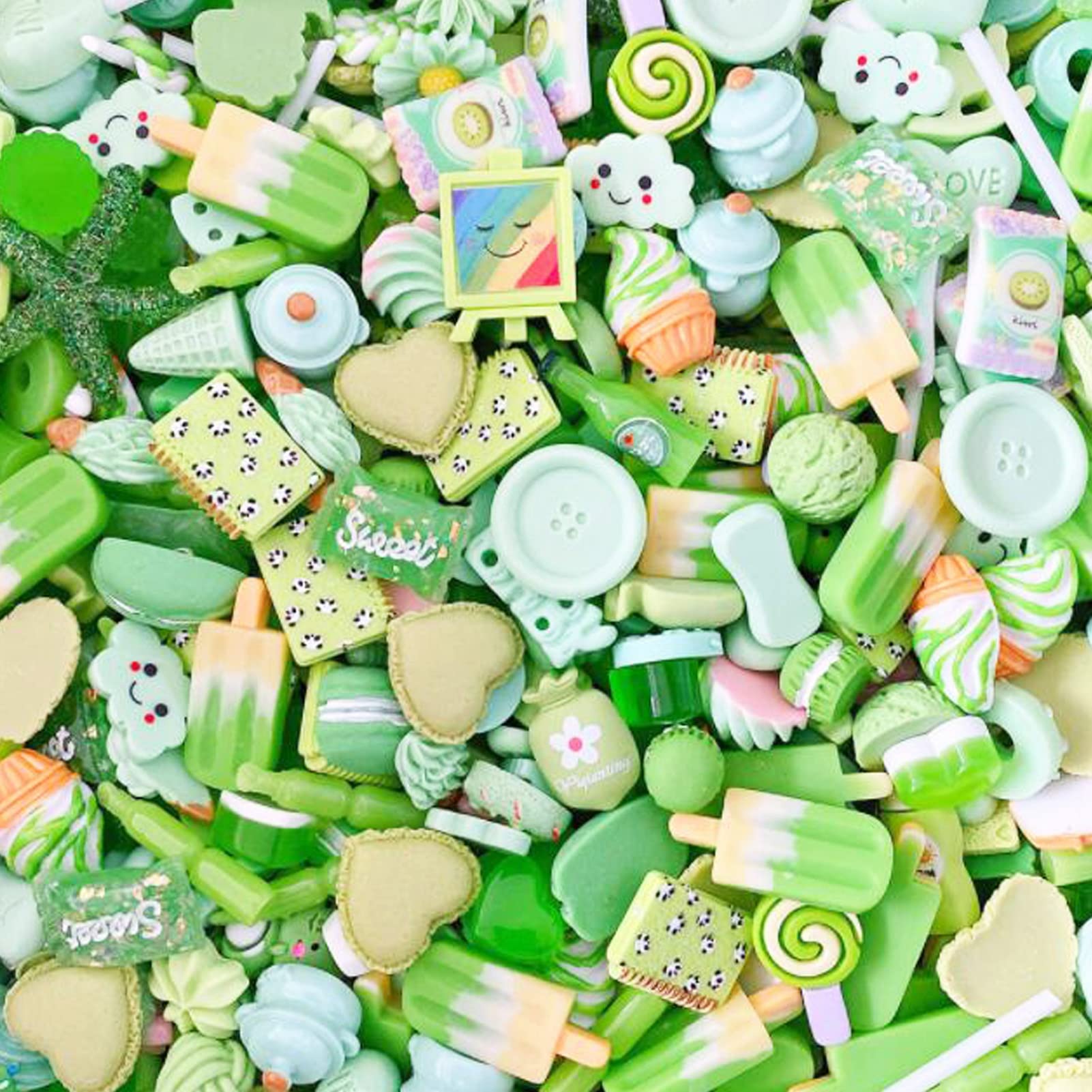 Halloluck 50 Pcs Slime Charms Easter DIY Craft Making Resin Jewery Making Kit, Resin Flatback Slime Beads Making Supplies for DIY Scrapbooking Crafts (Green)