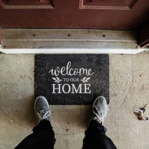 OLYCRAFT 2Pcs Self-Adhesive Silk Screen Printing Stencil Welcome Stencil "Welcome to our HOME" Reusable Mesh Stencils Transfer Washable Home Decor for DIY T-Shirt Fabric Painting - 8.6x11 Inch