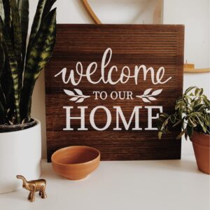 OLYCRAFT 2Pcs Self-Adhesive Silk Screen Printing Stencil Welcome Stencil "Welcome to our HOME" Reusable Mesh Stencils Transfer Washable Home Decor for DIY T-Shirt Fabric Painting - 8.6x11 Inch