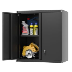 greatmeet metal wall storage cabinet with locking doors,wall mounted garage storage cabinets with 1 adjustable shelf and 2 doors,steel cabinet for garage office and home,black