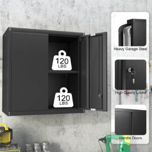 GREATMEET Metal Wall Storage Cabinet with Locking Doors,Wall Mounted Garage Storage Cabinets with 1 Adjustable Shelf and 2 Doors,Steel Cabinet for Garage Office and Home,Black