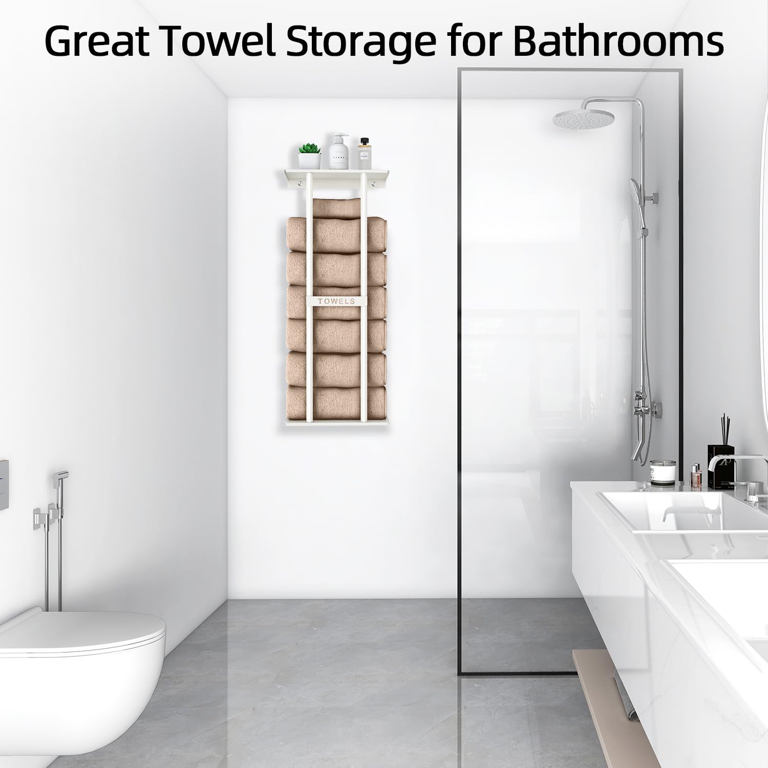 Wall Towel Rack for Rolled Towels, STWWO Towel Storage for Small Bathroom Can Holds 6 Large Towels, 30 inch Towel Racks with Shelf, White