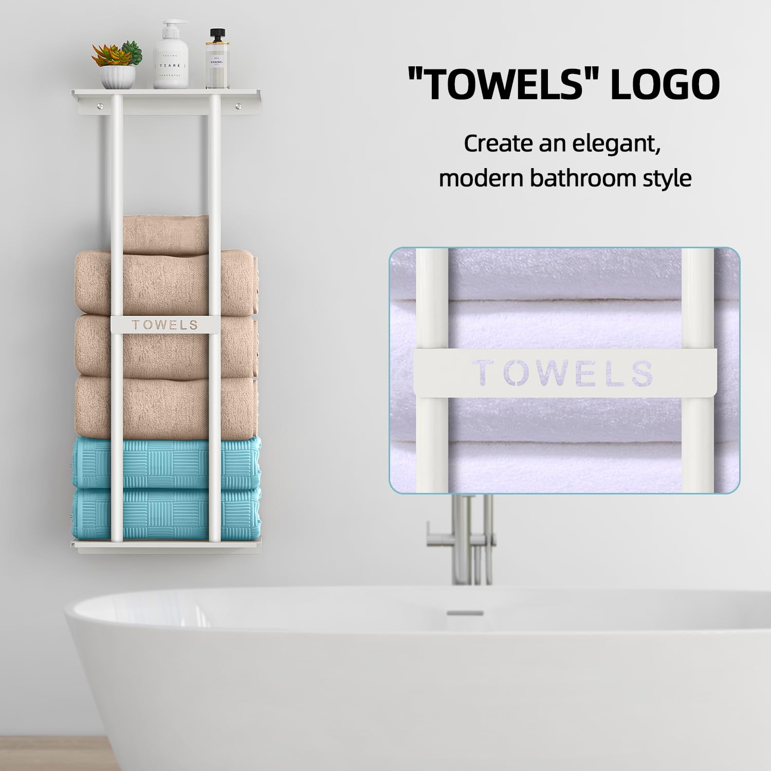 Wall Towel Rack for Rolled Towels, STWWO Towel Storage for Small Bathroom Can Holds 6 Large Towels, 30 inch Towel Racks with Shelf, White