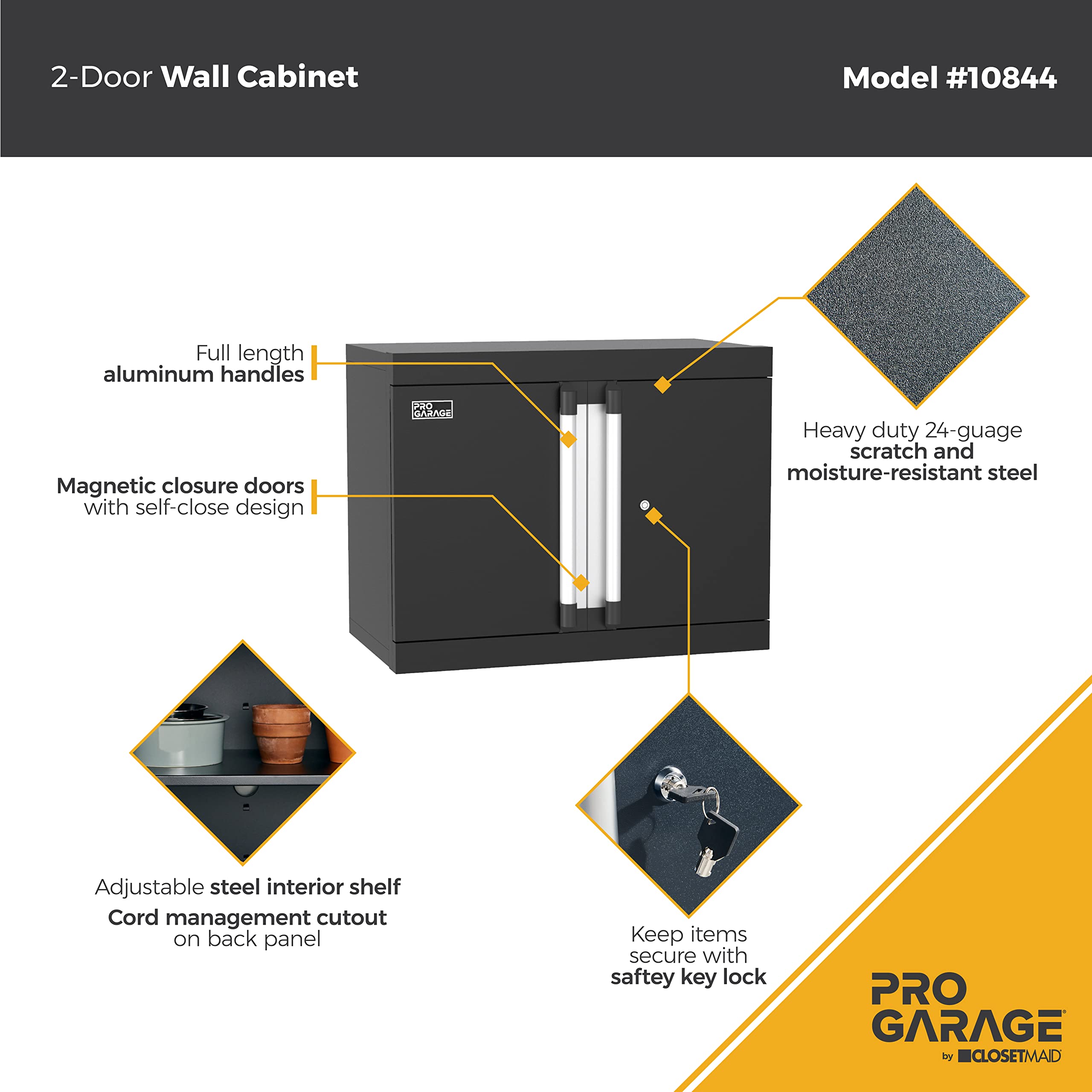 ClosetMaid ProGarage Wall Cabinet with Two Doors Lock and Shelf, for Garage Storage, Heavy Duty Steel, Black