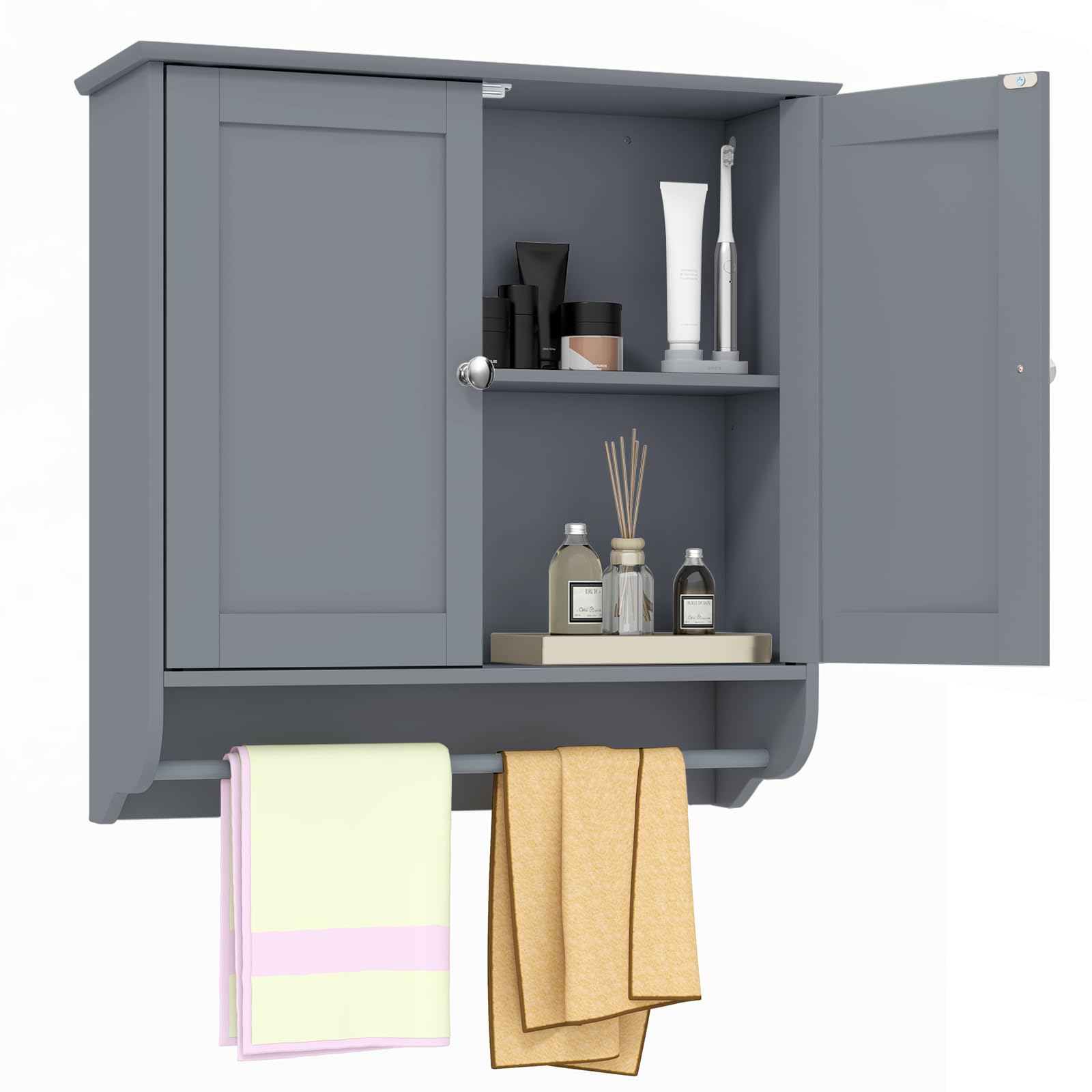 Tangkula Bathroom Cabinet Wall Mounted, Bathroom Medicine Cabinet with Bar&Double Door&Adjustable Shelf, Over The Toilet Storage Cabinet, Hanging Cabinet for Bathroom Laundry Kitchen (Gray)