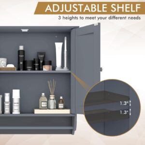 Tangkula Bathroom Cabinet Wall Mounted, Bathroom Medicine Cabinet with Bar&Double Door&Adjustable Shelf, Over The Toilet Storage Cabinet, Hanging Cabinet for Bathroom Laundry Kitchen (Gray)