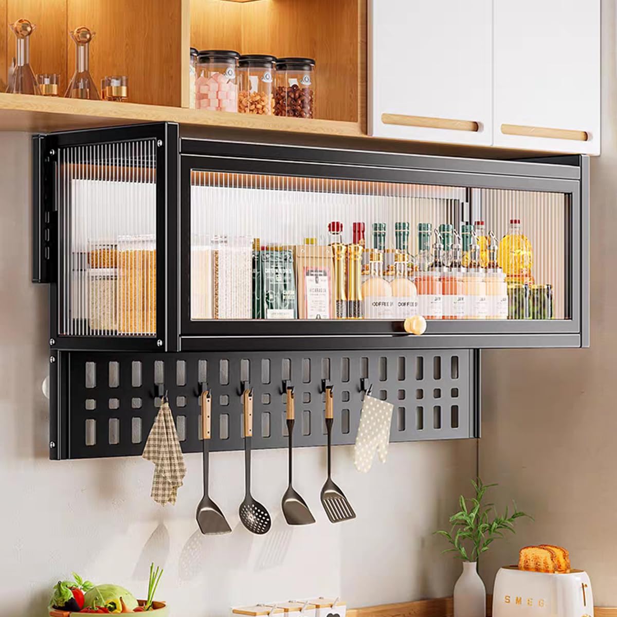 Gdrasuya10 Wall Mounted Kitchen Pantry Storage Kitchen Cabinet, Black Kitchen Cabinet Storage Organizer with Up-Flip Door Metal Kitchen Rack Cabinet Shelf for Dining Room, Kitchen