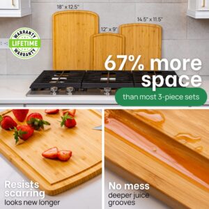 Organic Bamboo Cutting Board Set of 3 with Lifetime Replacements - Wood Cutting Board Set with Juice Groove - Wooden Chopping board Set for Kitchen, Meat and Cheese - Single Tone