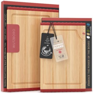 all-solution wood cutting board,set of 2 bamboo chopping board with juice grooves,reversible nonslip silicone edges-5 yr warranty