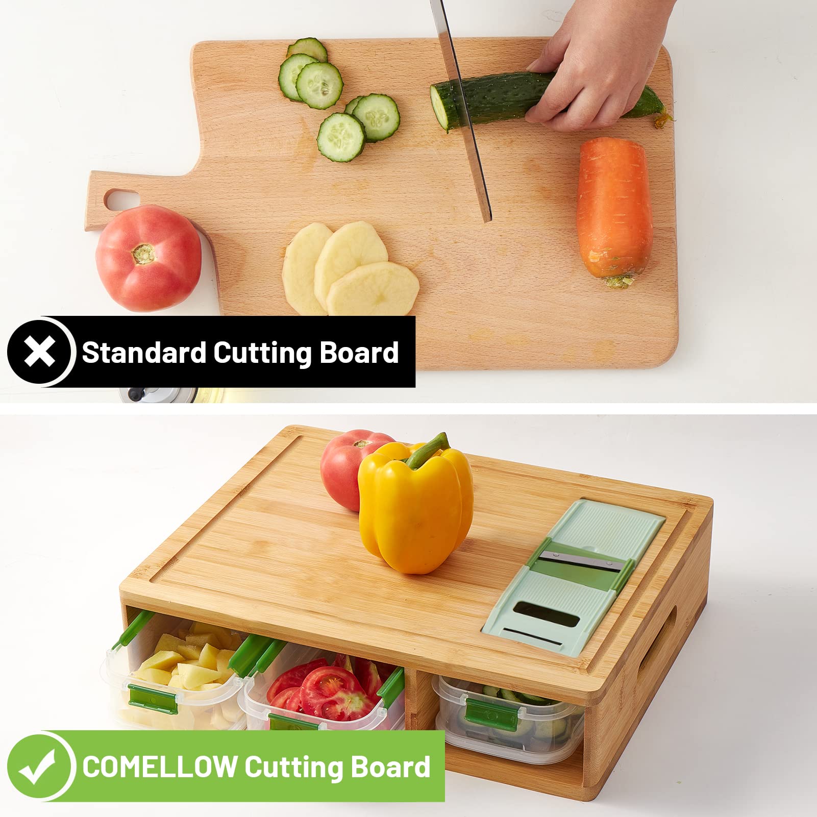 COMELLOW Bamboo Cutting Board with Containers - Large Wood Cutting Board with Stackable Containers and Locking Lid - Chopping Board with Built-in Graters - House Warming Kitchen Gifts New Home