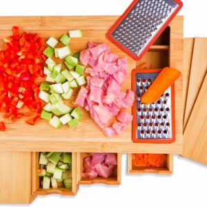 ecozoi Bamboo Cutting Board with 4 Slide Out Drawers with 4 Bamboo Lids for Easy Storage, Non Slip Meal Prep Station, Chopping Board, Wooden Butcher Block with Juice Groove and 2 Bonus Graters