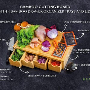 ecozoi Bamboo Cutting Board with 4 Slide Out Drawers with 4 Bamboo Lids for Easy Storage, Non Slip Meal Prep Station, Chopping Board, Wooden Butcher Block with Juice Groove and 2 Bonus Graters