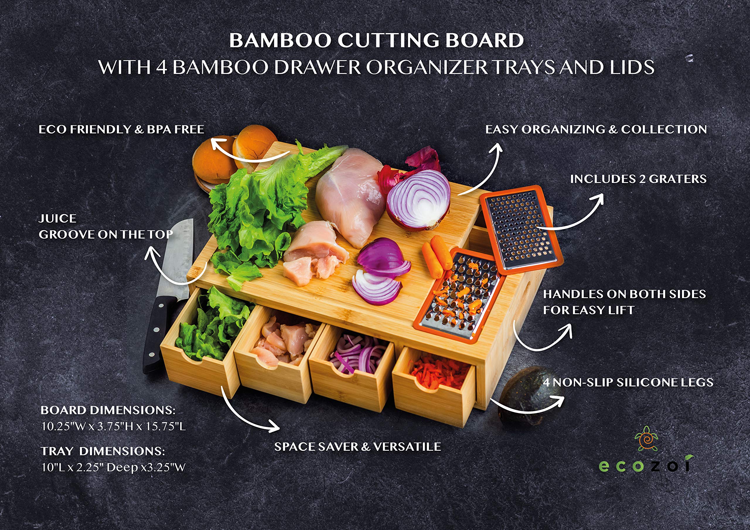 ecozoi Bamboo Cutting Board with 4 Slide Out Drawers with 4 Bamboo Lids for Easy Storage, Non Slip Meal Prep Station, Chopping Board, Wooden Butcher Block with Juice Groove and 2 Bonus Graters