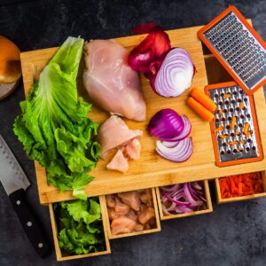 ecozoi Bamboo Cutting Board with 4 Slide Out Drawers with 4 Bamboo Lids for Easy Storage, Non Slip Meal Prep Station, Chopping Board, Wooden Butcher Block with Juice Groove and 2 Bonus Graters