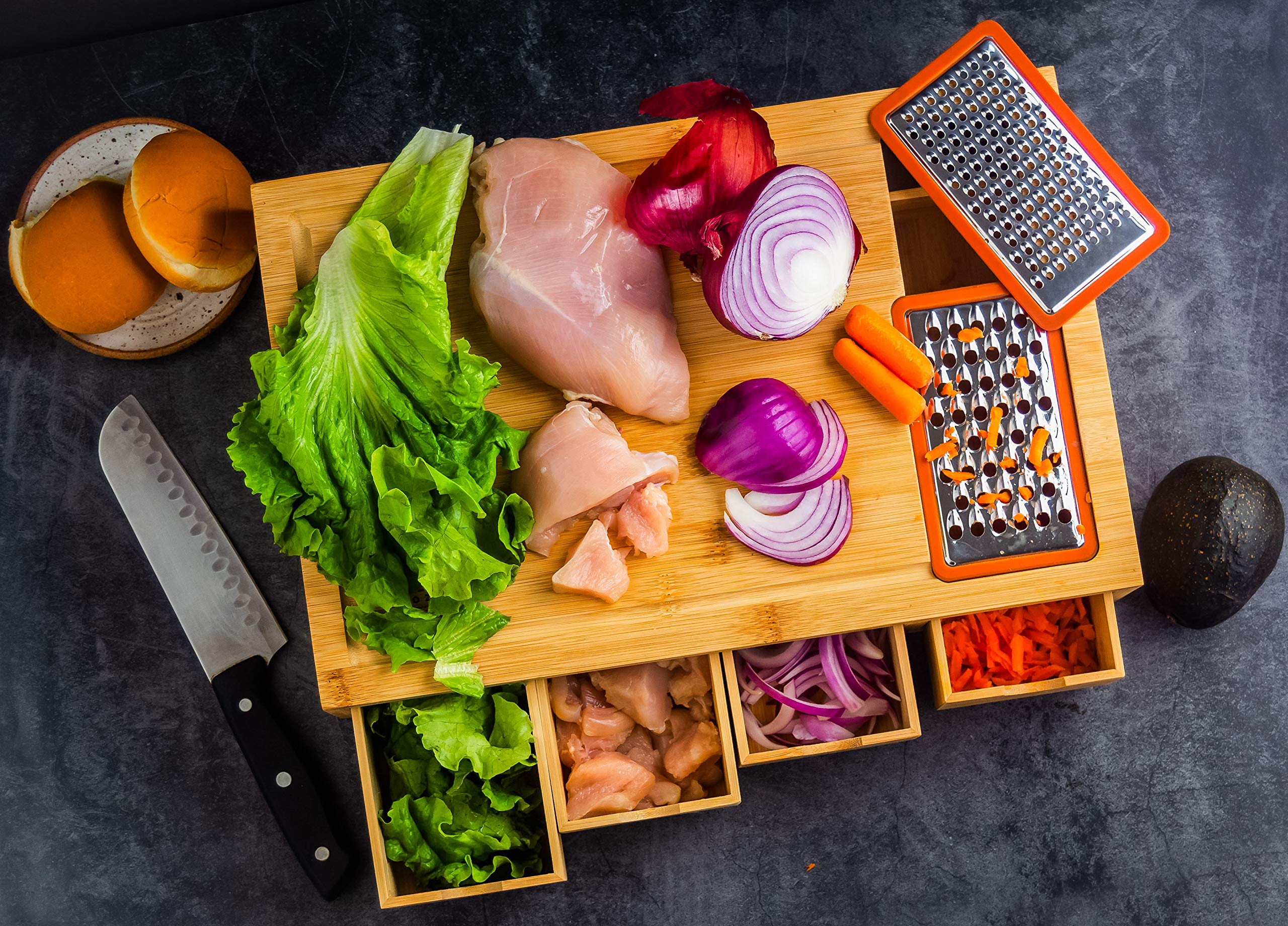 ecozoi Bamboo Cutting Board with 4 Slide Out Drawers with 4 Bamboo Lids for Easy Storage, Non Slip Meal Prep Station, Chopping Board, Wooden Butcher Block with Juice Groove and 2 Bonus Graters