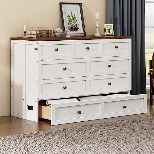 Queen Size Solid Pine Murphy Bed Chest with Charging Station and Large Storage Drawe,Folding Feature Perfect for Home Office or Small Room.