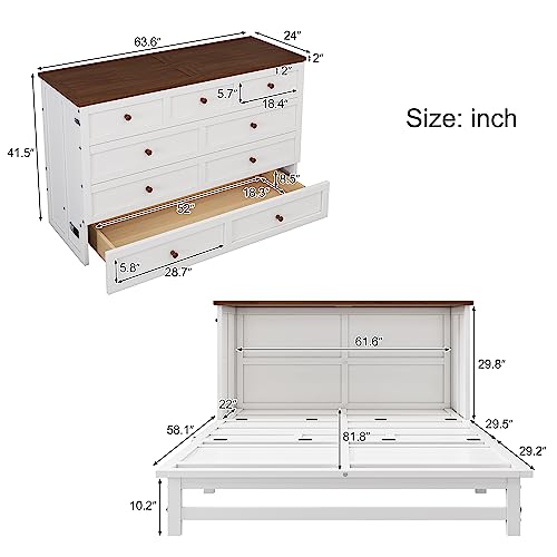 Queen Size Solid Pine Murphy Bed Chest with Charging Station and Large Storage Drawe,Folding Feature Perfect for Home Office or Small Room.