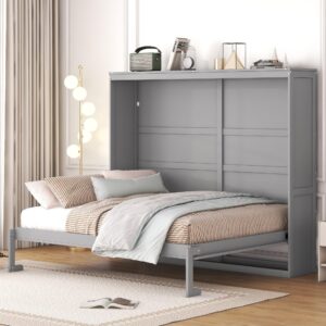 hlcodca modern queen size murphy bed, solid wood foldable platform bed or can be folded into a cabinet, queen murphy bed frame for bedroom, living room or home office (gray-013)