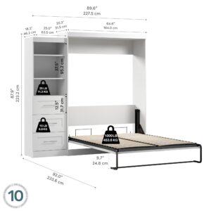 Bestar Pur Queen Murphy Bed and Shelving Unit with Drawers, 90-inch Space-Saving Wall Bed