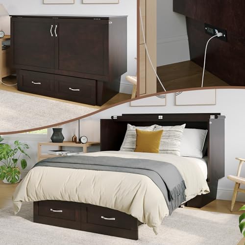 AFI, Monroe Murphy Bed Chest with 6 inch Memory Foam Folding Matttress, Built-in Charging Station and Storage Drawer, Full, Espresso