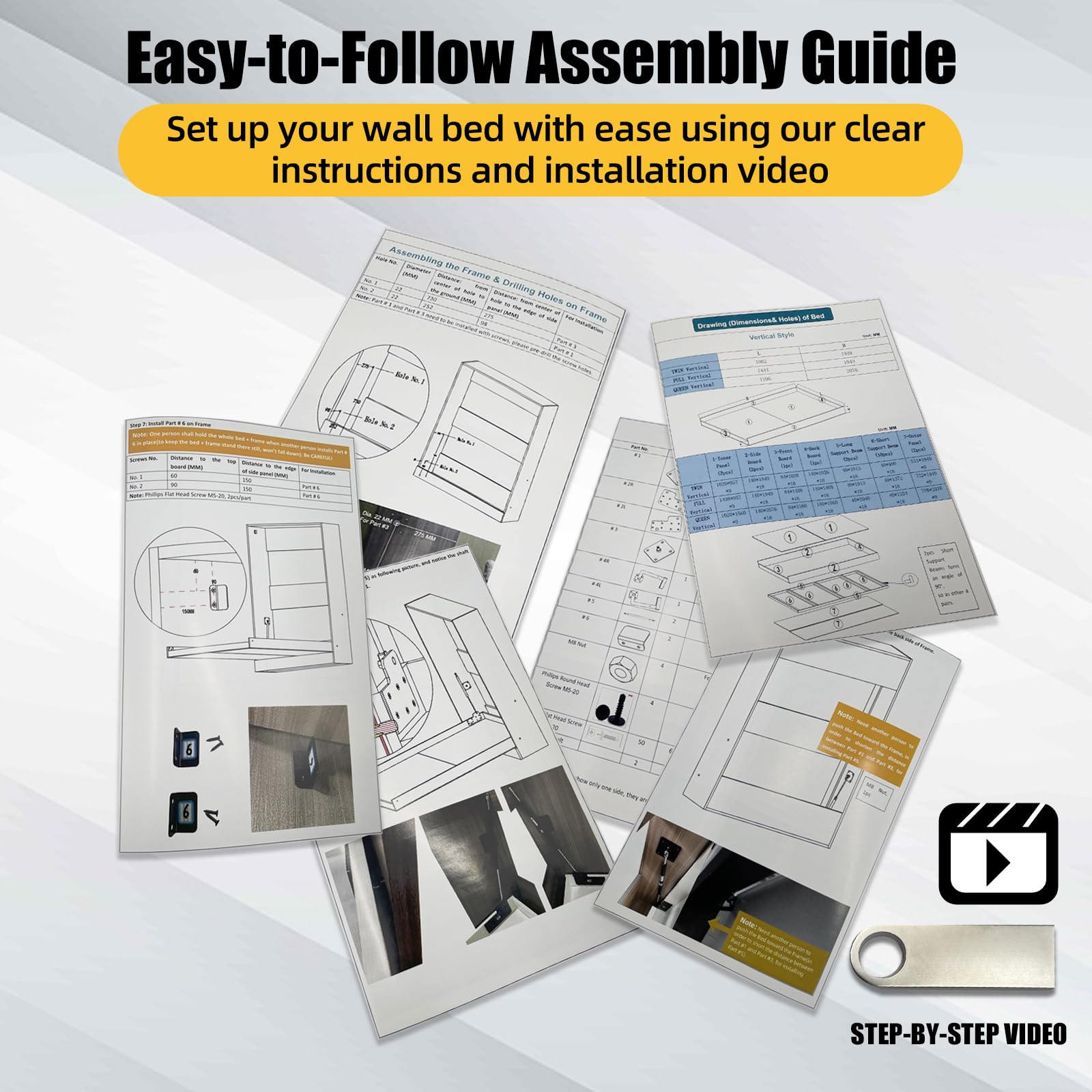 Murphy Bed Hardware Kit with Two-Stage Luxury Gas Spring - Effortless to Pull Down & Fold Back, Good Design Combining Scattered Parts for Heavy Duty Bed Frame,Hidden Murphy Beds Kit Queen Vertical