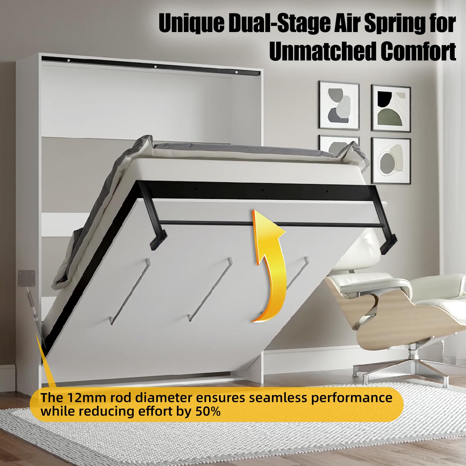 Murphy Bed Hardware Kit with Two-Stage Luxury Gas Spring - Effortless to Pull Down & Fold Back, Good Design Combining Scattered Parts for Heavy Duty Bed Frame,Hidden Murphy Beds Kit Queen Vertical