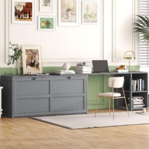 Bellemave Queen Size Murphy Bed with Rotatable Desk, Grey Wooden Cabinet & Workstation, Space Saving Design