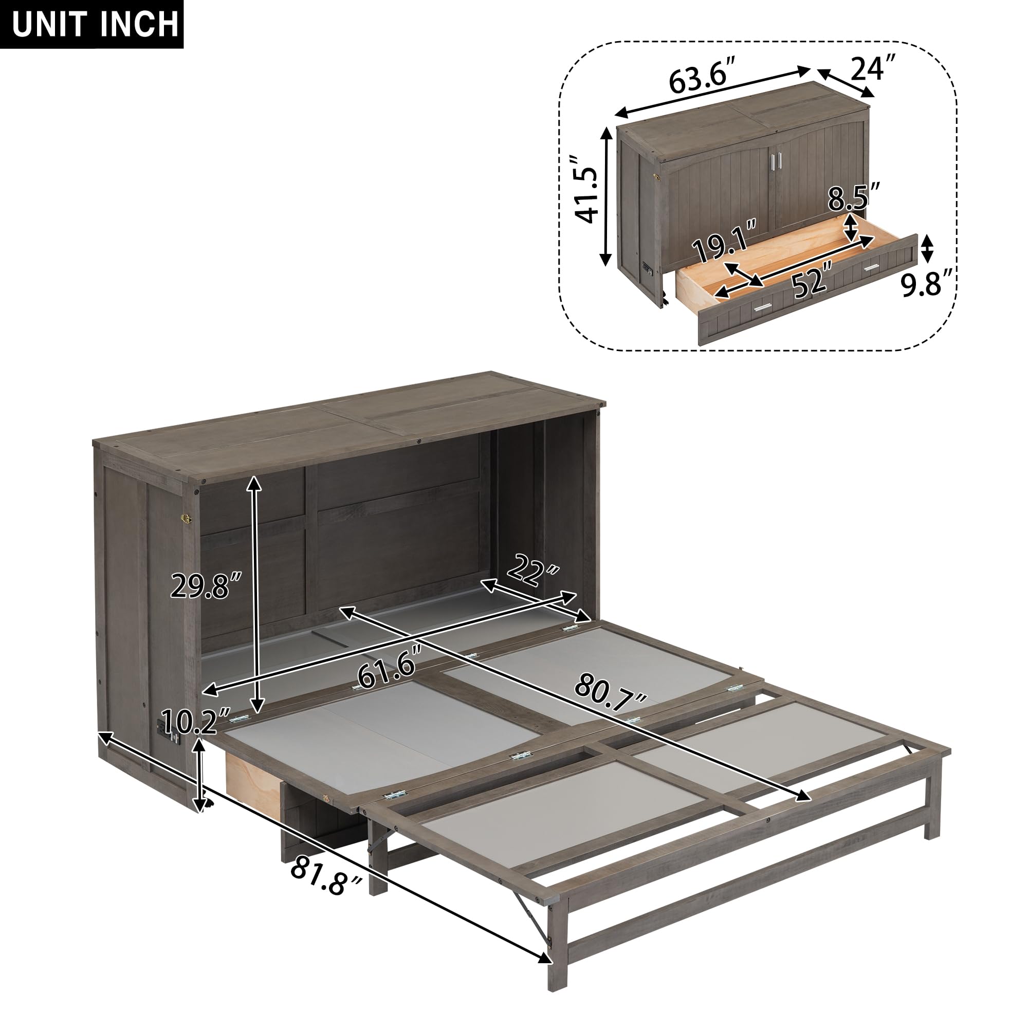 Bellemave Murphy Cube Queen Cabinet Beds with Charging Station and A Storage Drawer, Wood Foldable Queen Size Platform Bed Frame for Home Office Studio, Antique Gray