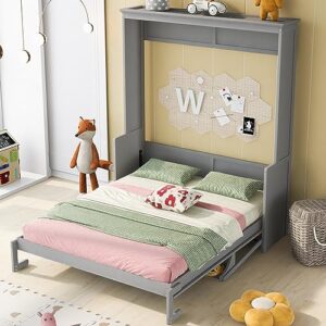 biadnbz queen size murphy bed with a shelf,foldable bedframe for small space,no need spring box,gray