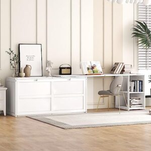 Merax Murphy Bed Queen Size, Murphy Cabinet Bed with Rotatable Desk and Shelves, White