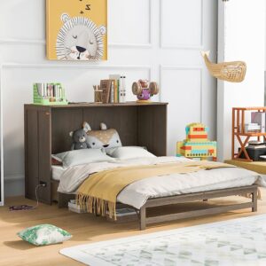 Queen Size Murphy Bed with Frame for Boys Girls Kids Adults Toddler Built-in Charging Station, Antique Grey