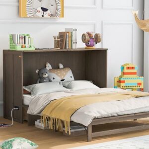 Queen Size Murphy Bed with Frame for Boys Girls Kids Adults Toddler Built-in Charging Station, Antique Grey