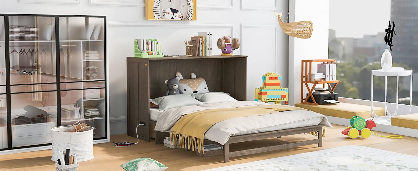 Queen Size Murphy Bed with Frame for Boys Girls Kids Adults Toddler Built-in Charging Station, Antique Grey