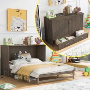 Queen Size Murphy Bed with Frame for Boys Girls Kids Adults Toddler Built-in Charging Station, Antique Grey