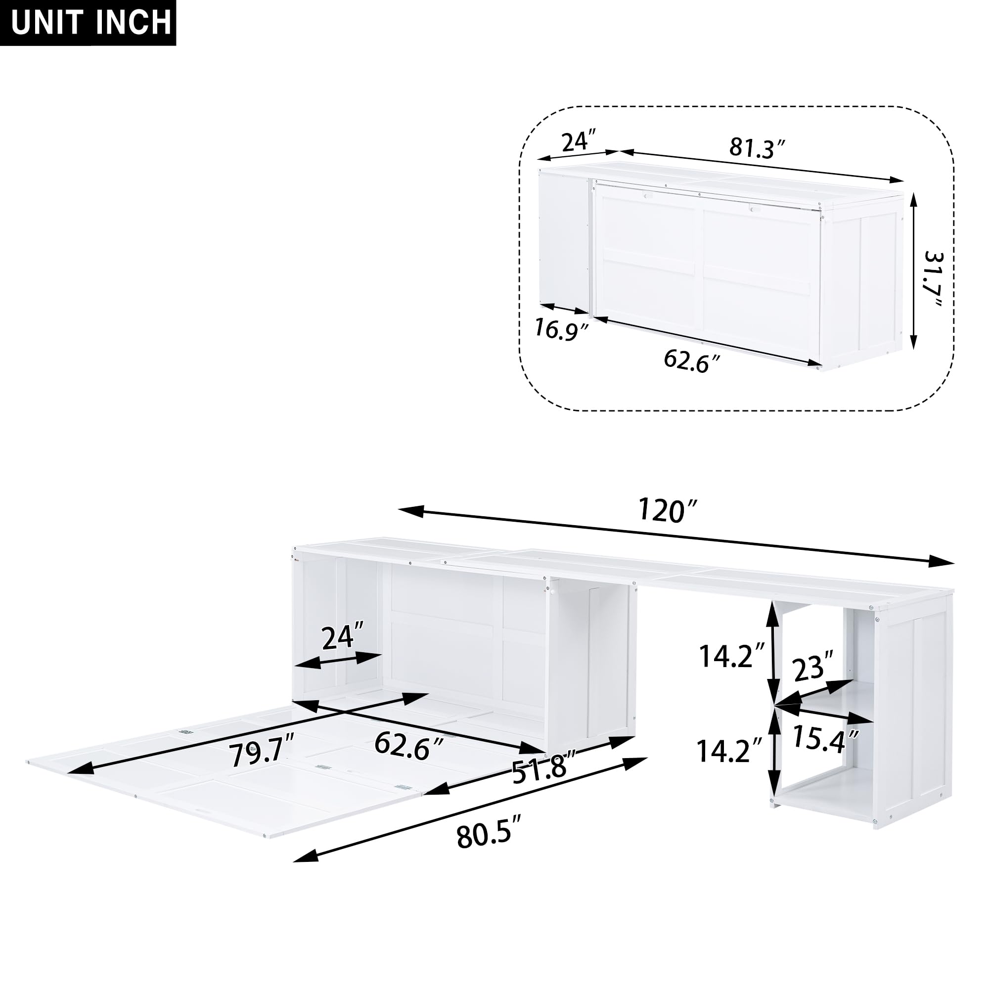 JIVOIT Queen Size Murphy Bed with Rotable Desk, Solid Wood Foldable Platform Bed with 2 Storage Shelves, Space-Saving Murphy Bed for Guest Rooms, No Box Spring Required