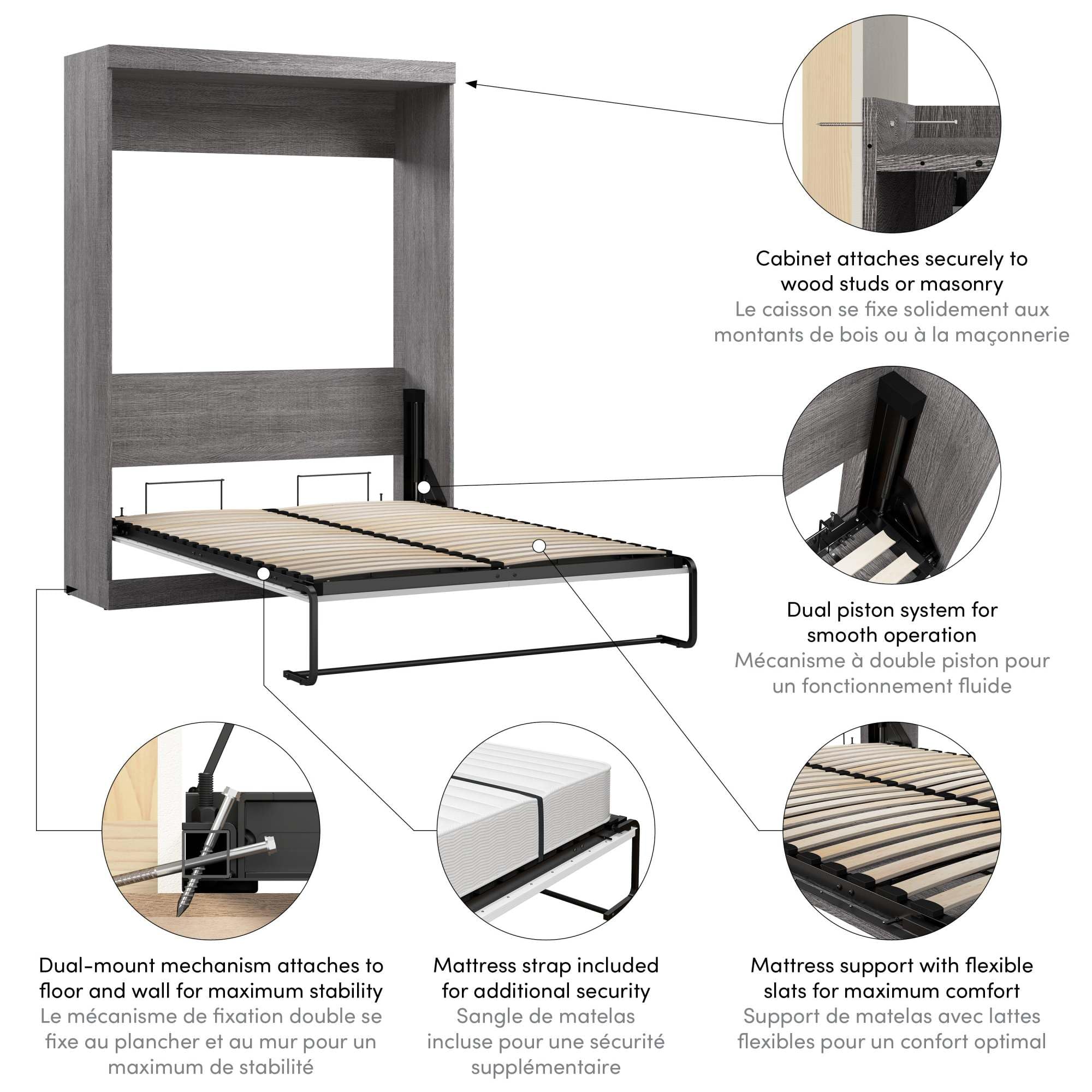 Bestar Nebula 59W Full Murphy Bed in Bark Gray, Sleeping Arrangement for Multipurpose Room