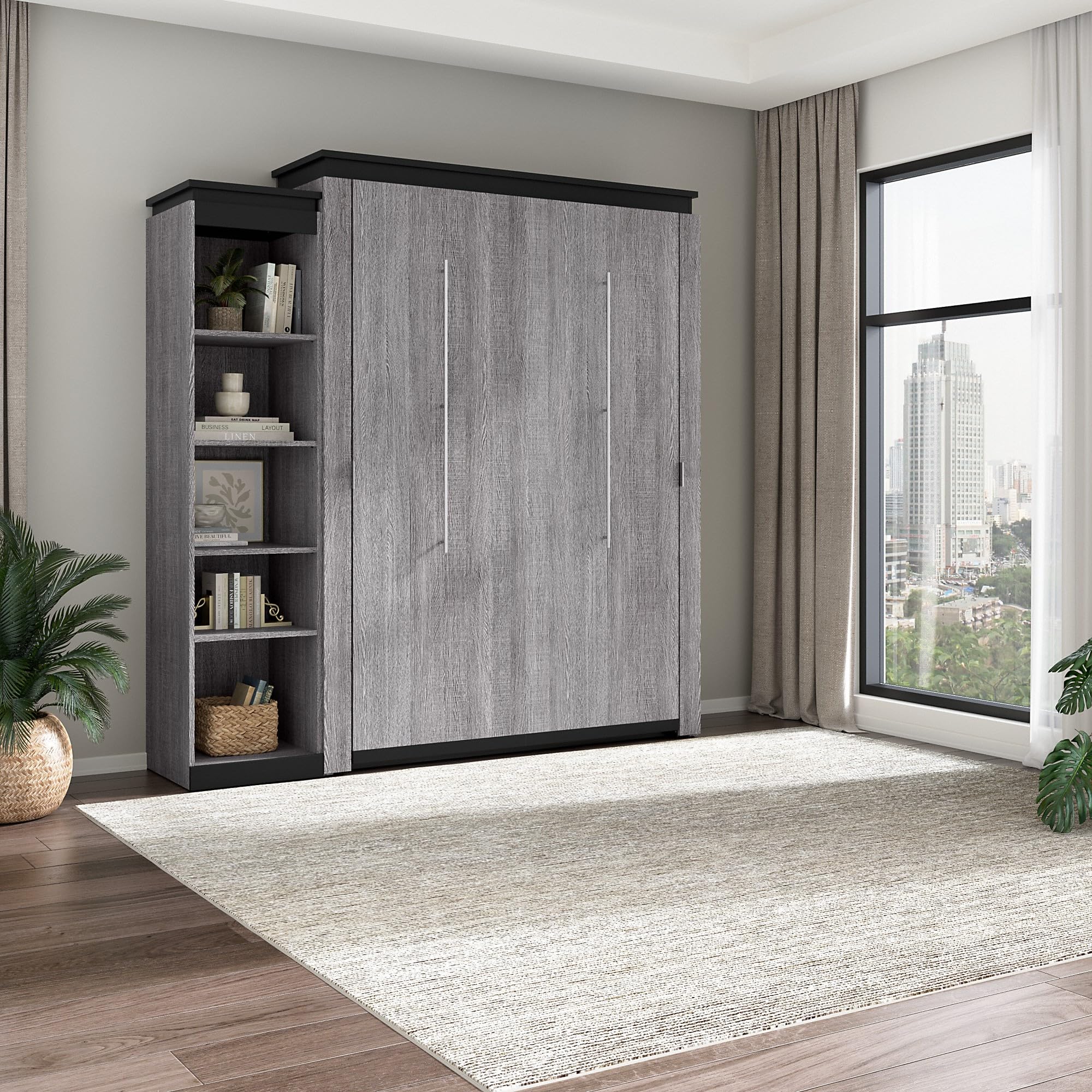 Bestar Orion Queen Murphy Bed with Shelves (87W) in Bark Grey and Graphite, Sleeping Arrangement with Storage