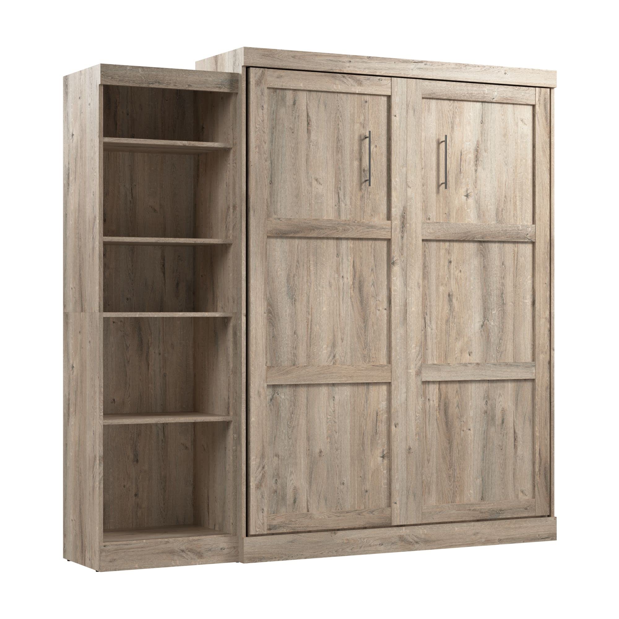 Bestar Pur Queen Murphy Bed and Shelving Unit with Drawers, 90-inch Space-Saving Sleeping Arrangement in Rustic Brown