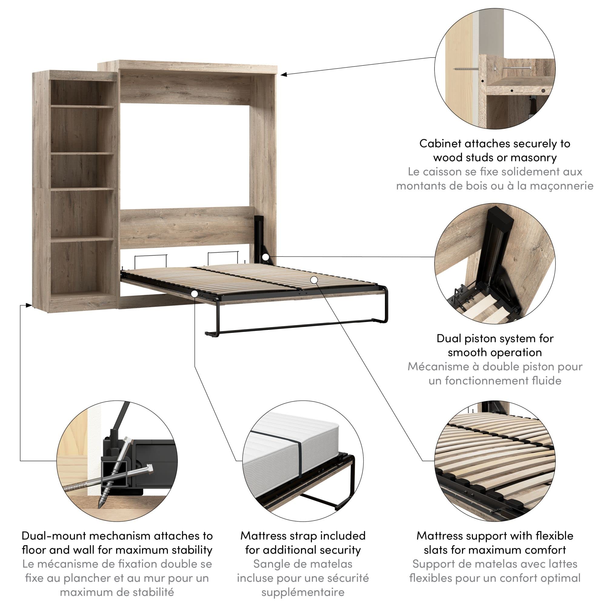 Bestar Pur Queen Murphy Bed and Shelving Unit with Drawers, 90-inch Space-Saving Sleeping Arrangement in Rustic Brown