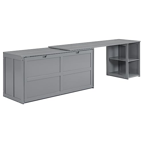 BOVZA Queen Size Rotable Desk and Storage Drawers, Murphy Cube Cabinet Bed for Small Spaces, Gray